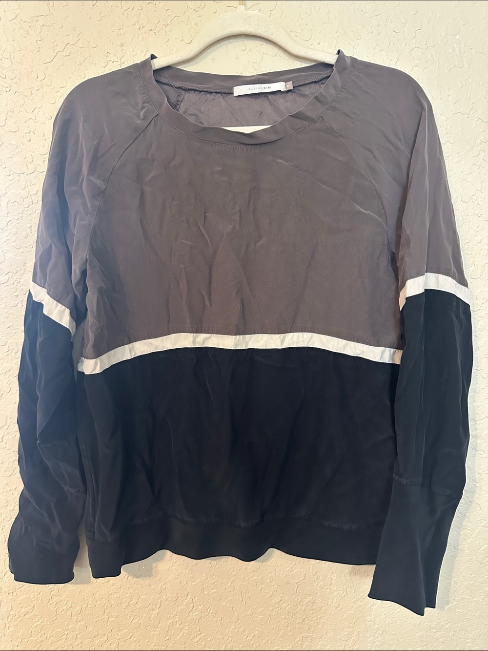 Elaine Kim Colorblock Long Sleeve Pullover Top in Taupe, Black & White a